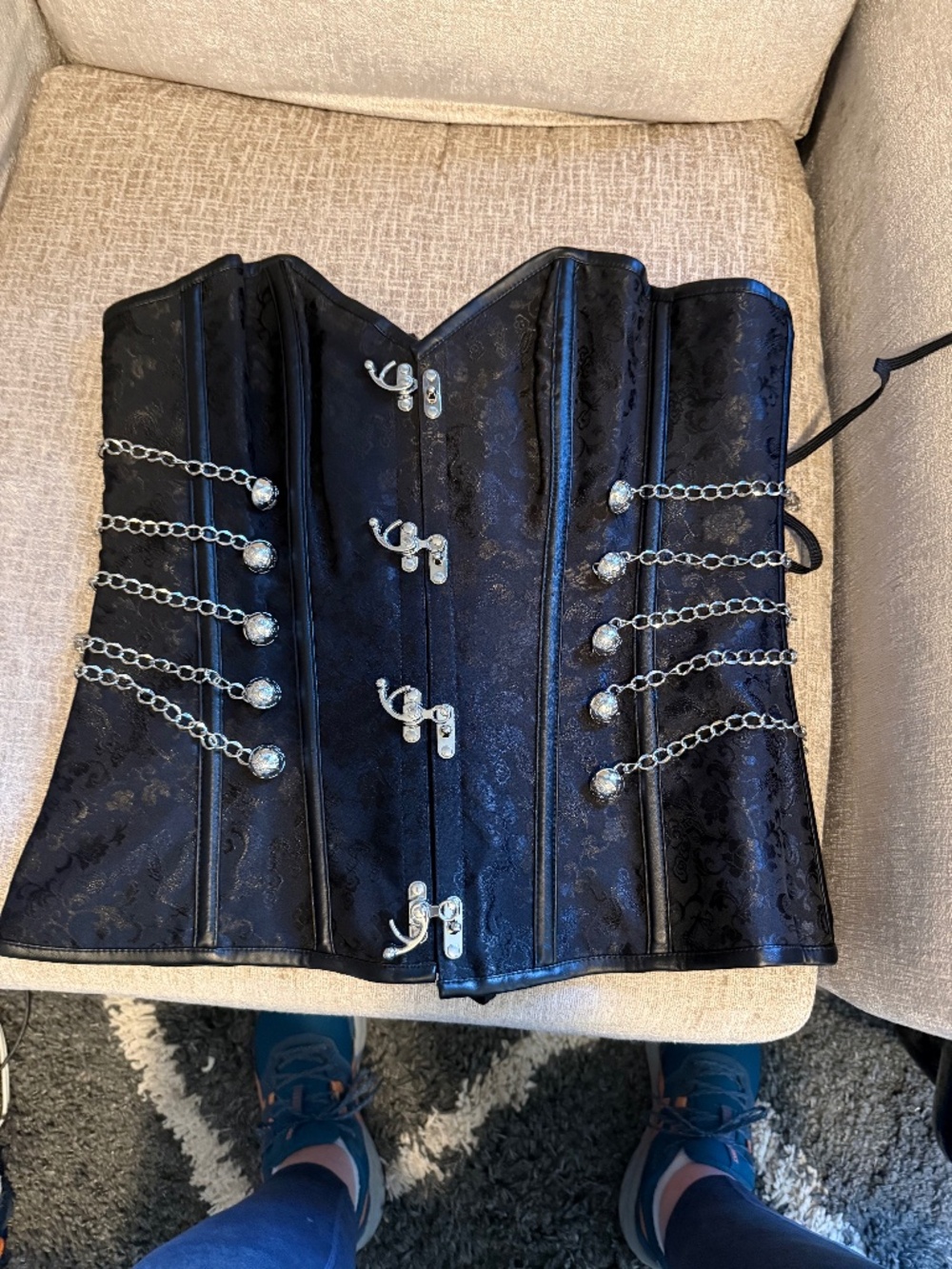 Womens Black Brocade Corset top with chain stud accents